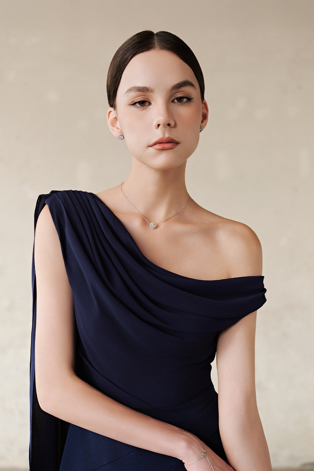 Women's Hazel Asymmetric Neck Pleated Midi Dress S/M/L/Customize Navy MEAN BLVD Women's Hazel Asymmetric Neck Pleated Midi Dress S/M/L/Customize Navy MEAN BLVD