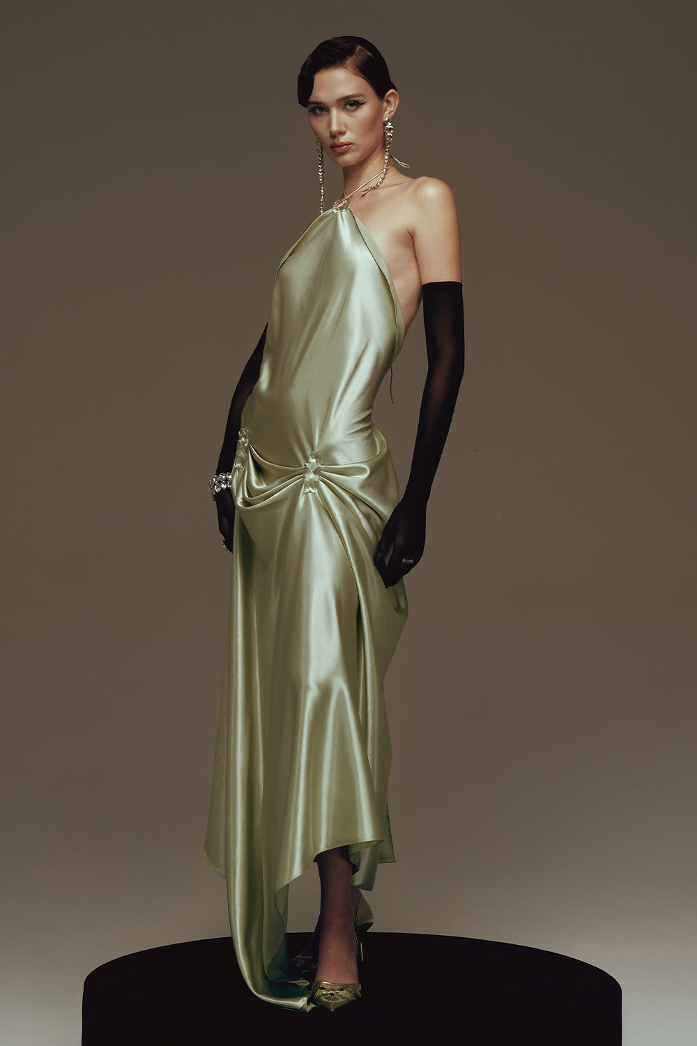 Satiné Halter Rhinestone Maxi Dress