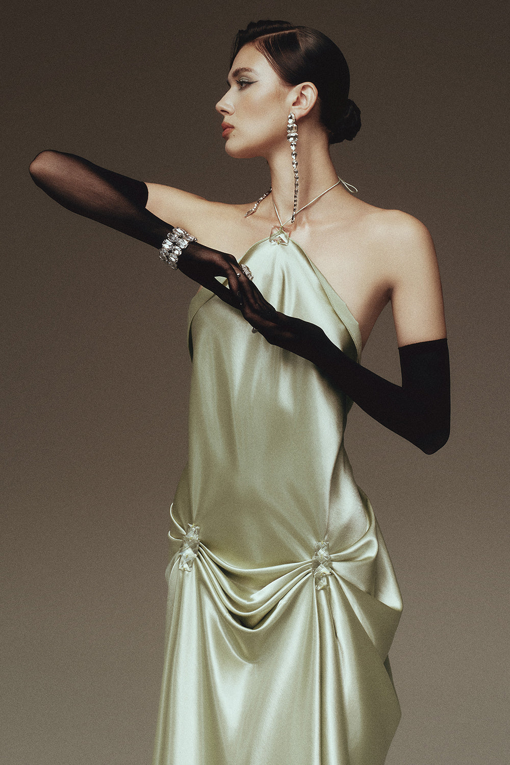 Satiné Halter Rhinestone Maxi Dress