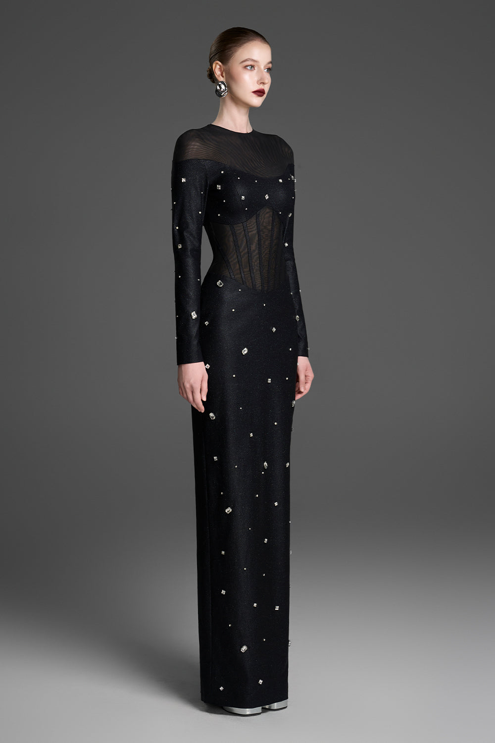 xxs maxi dress Women's Alessia Mock Neck Rhinestones Maxi Dress XXS/XS/S/M/L/XL/XXL/Customize Black MEAN BLVD Black / XS