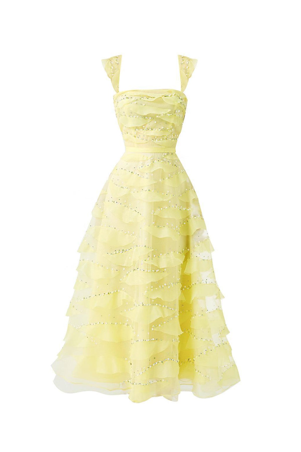 Dillon Fit and Flare Square Neck Organza Midi Dress