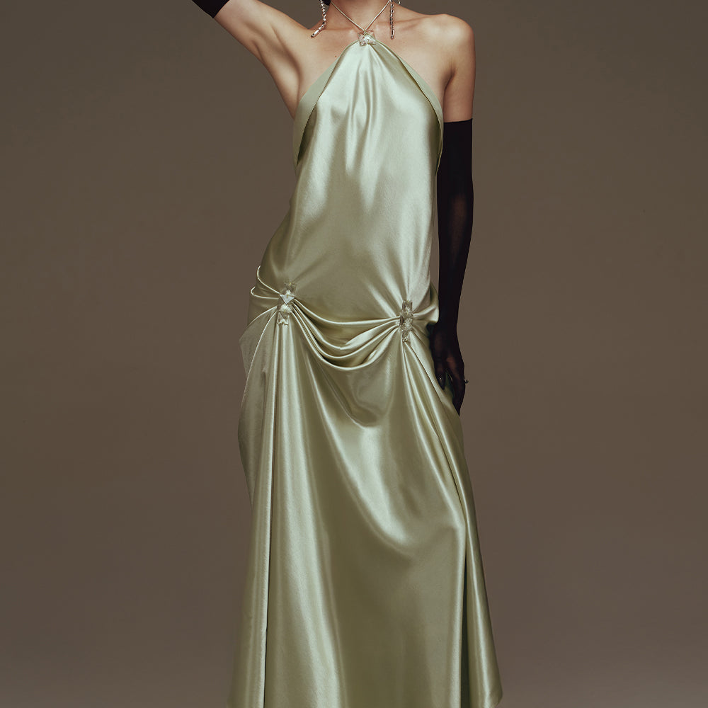 Satiné Halter Rhinestone Maxi Dress