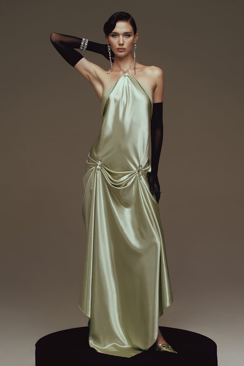 Women's Satin Halter Rhinestone Maxi Dress Celadon/Pastel  Pink/Champagne/Silver/Jet Black MEAN BLVD