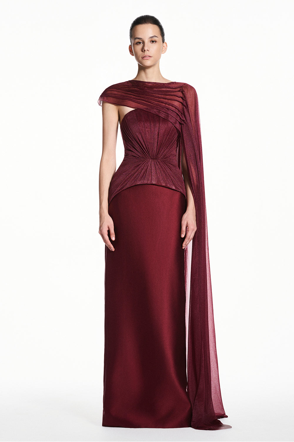 alba maxi dress Asymmetric Sleeve Draped Burgundy / S Color:White Blue Flower Valentines Day Taking Sides Maxi Dress” offers refined shaping