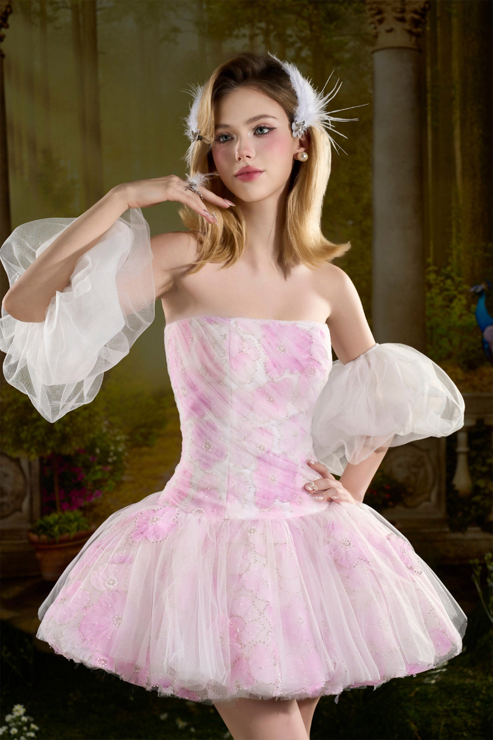 lizzie mini dress Women's Lizzie Puff Sleeve Gathering Mini Dress XS/S/M/L/XL/Customize Pink  & White MEAN BLVD
