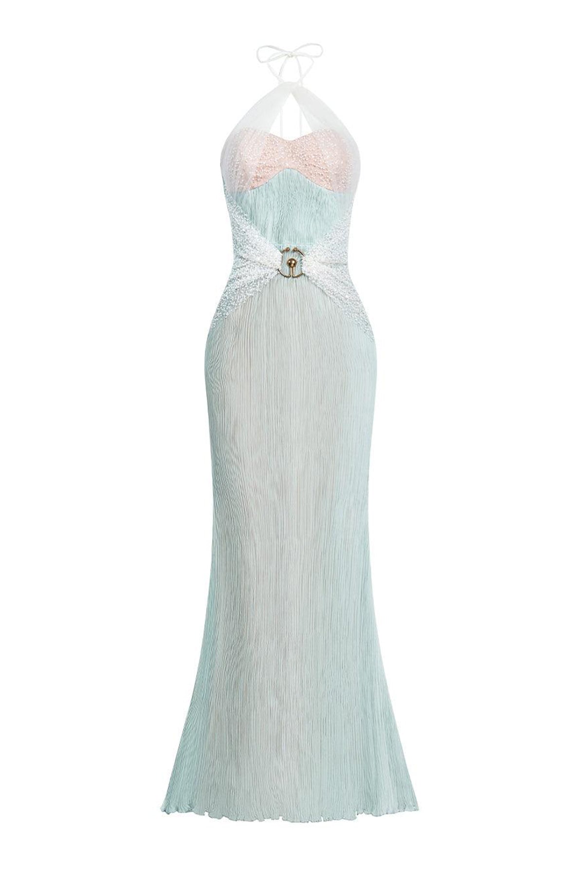 Iridella Halter Cut-Out Silk Lace Ankle Length Dress
