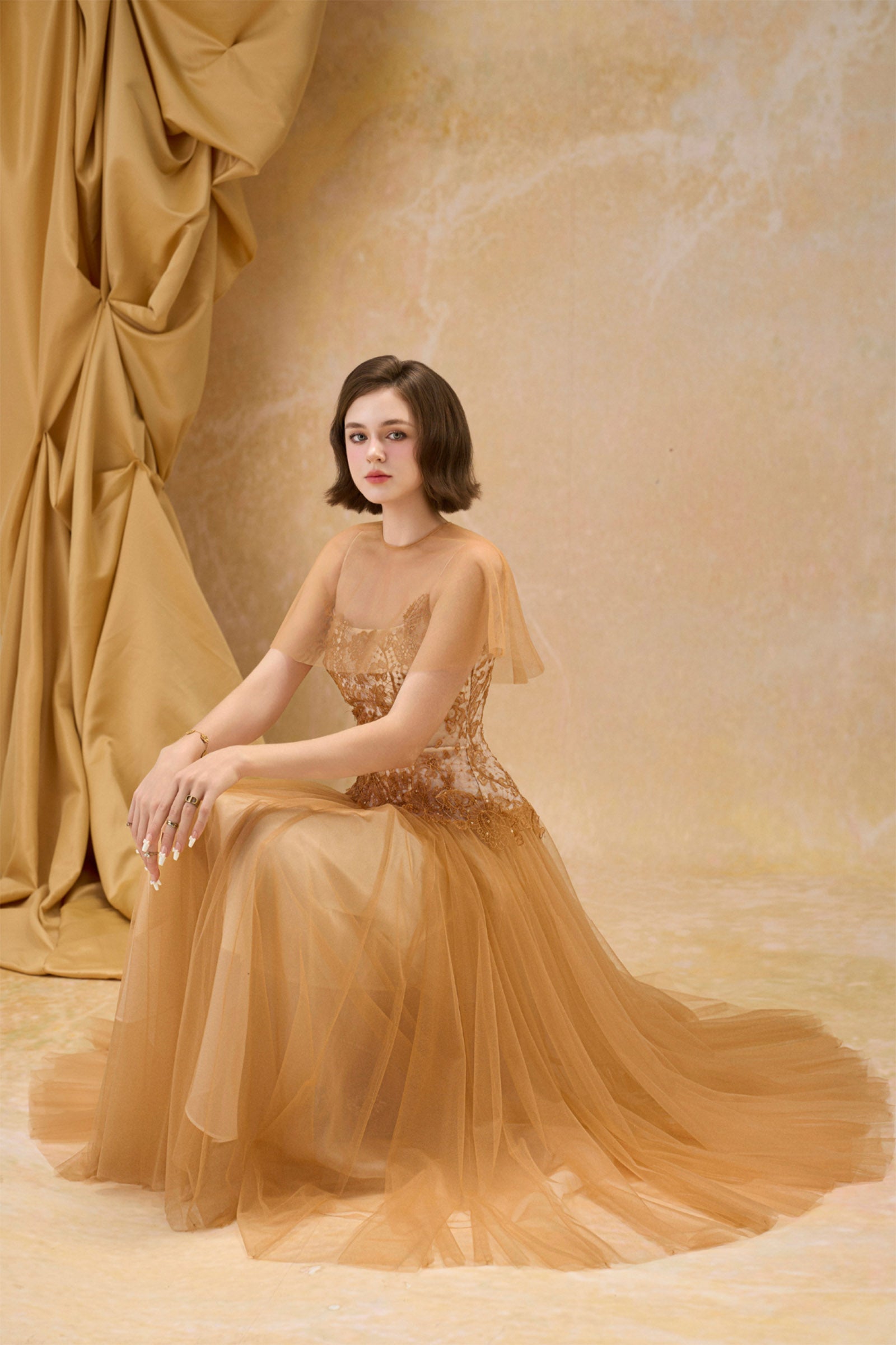 Women's Claire Illusion Embroidery Midi Dress XS/S/M/L/XL/Customize Honey Yellow MEAN BLVD Women's Claire Illusion Embroidery Midi Dress XS/S/M/L/XL/Customize Honey Yellow MEAN BLVD