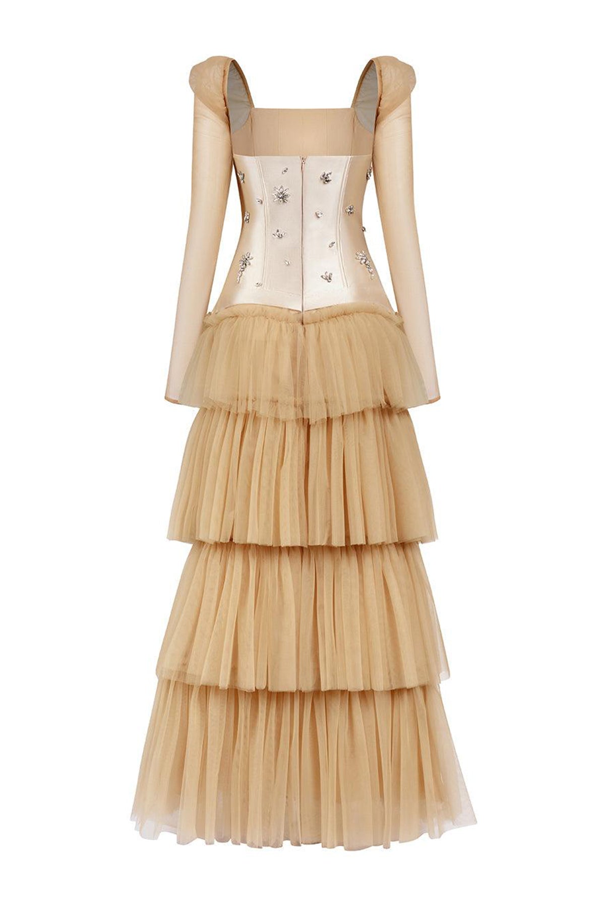 Imperium Layered Corset Waist Mesh Taffeta Maxi Dress