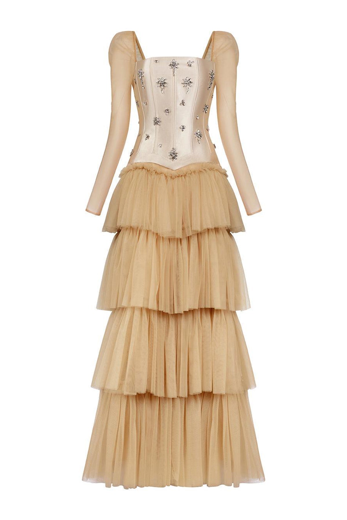 Imperium Layered Corset Waist Mesh Taffeta Maxi Dress