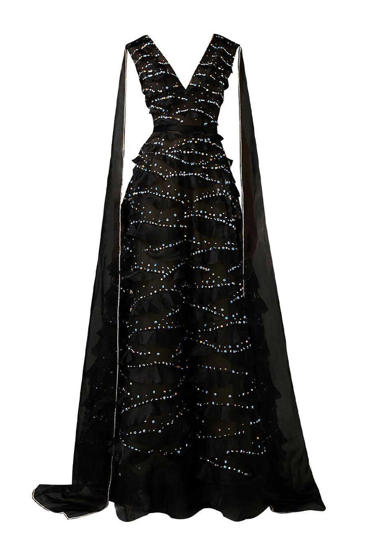 Cecelia Cape V-Neck Organza Floor Length Dress
