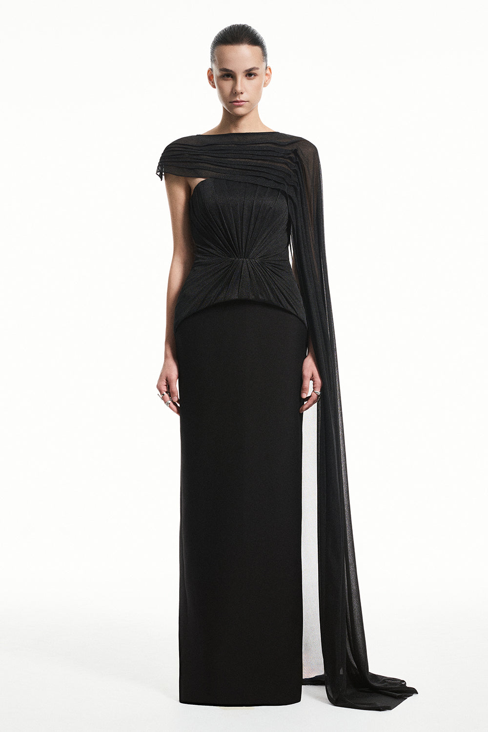 Alba Asymmetric Sleeve Draped Maxi Dress Black / S