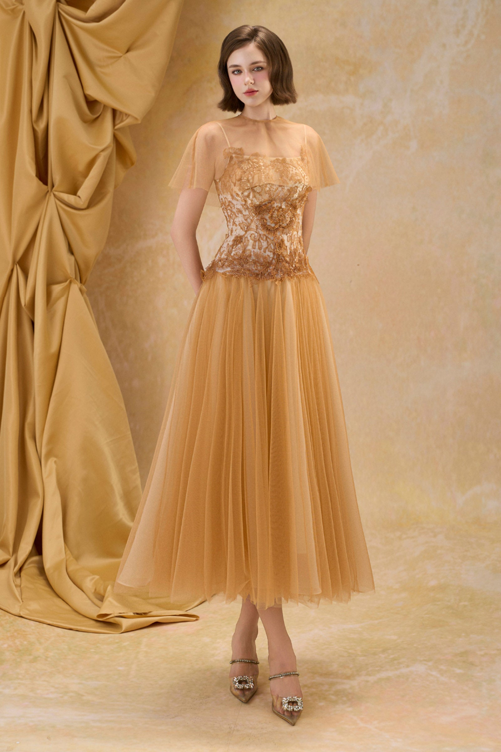 green emerald velvet dress Women's Claire Illusion Embroidery Midi Dress XS/S/M/L/XL/Customize Honey  Yellow MEAN BLVD