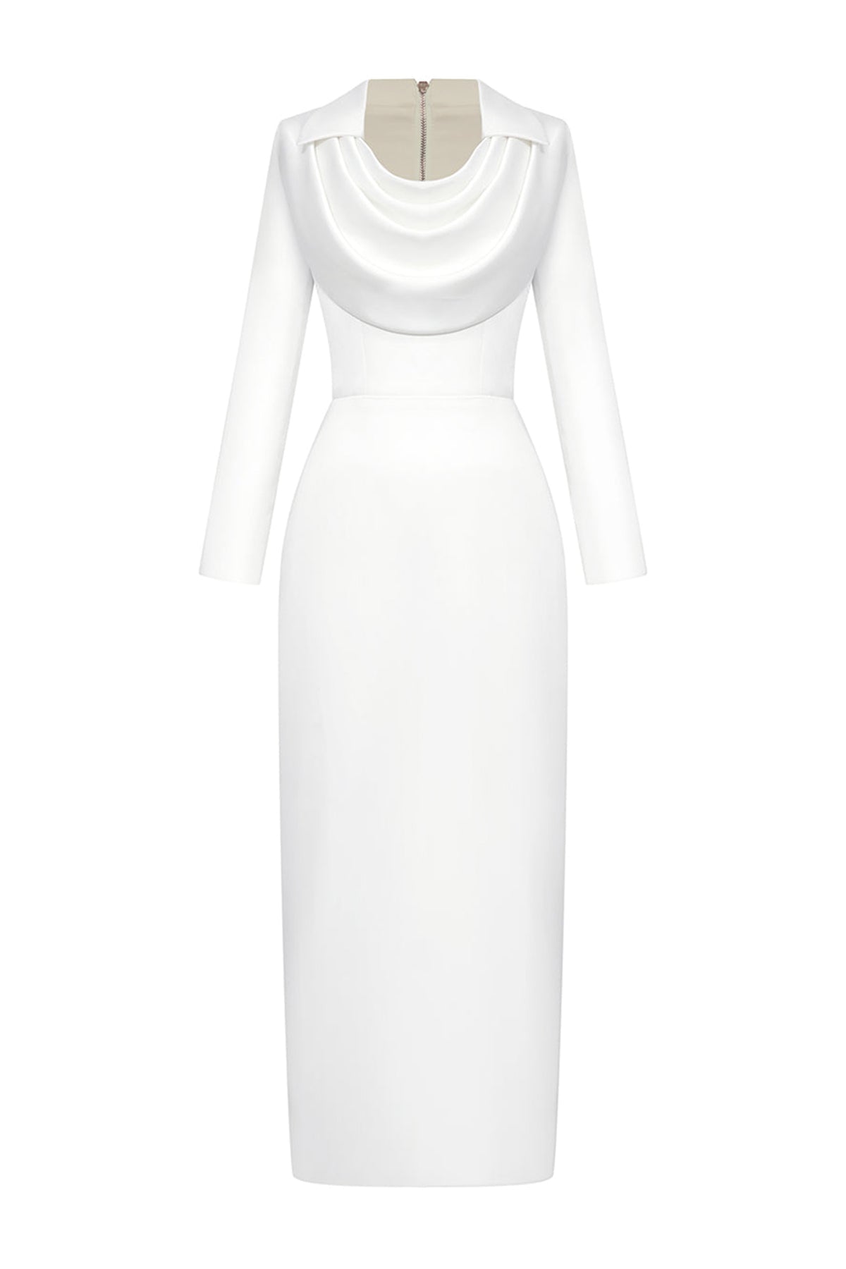 Gleamy Pencil Cowl Neck Silk Satin Calf Length Dress