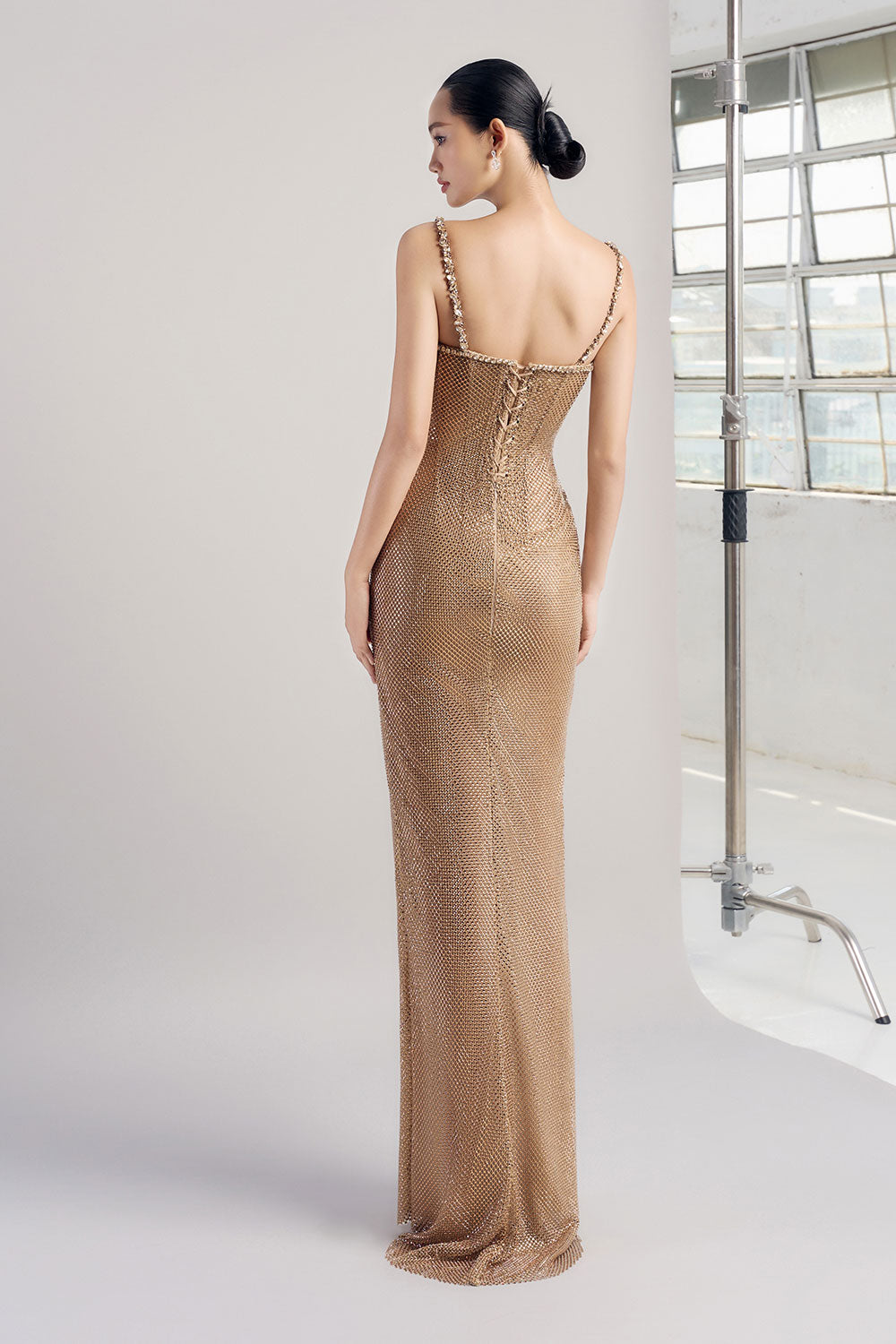 Caroline Slit Stone Mesh Maxi Dress