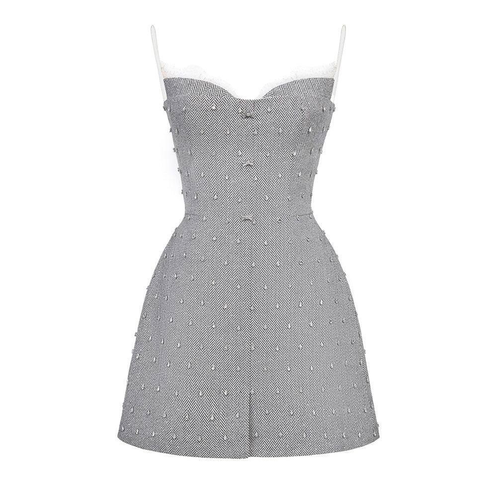Grey Harringbone Crystal Beaded Dress