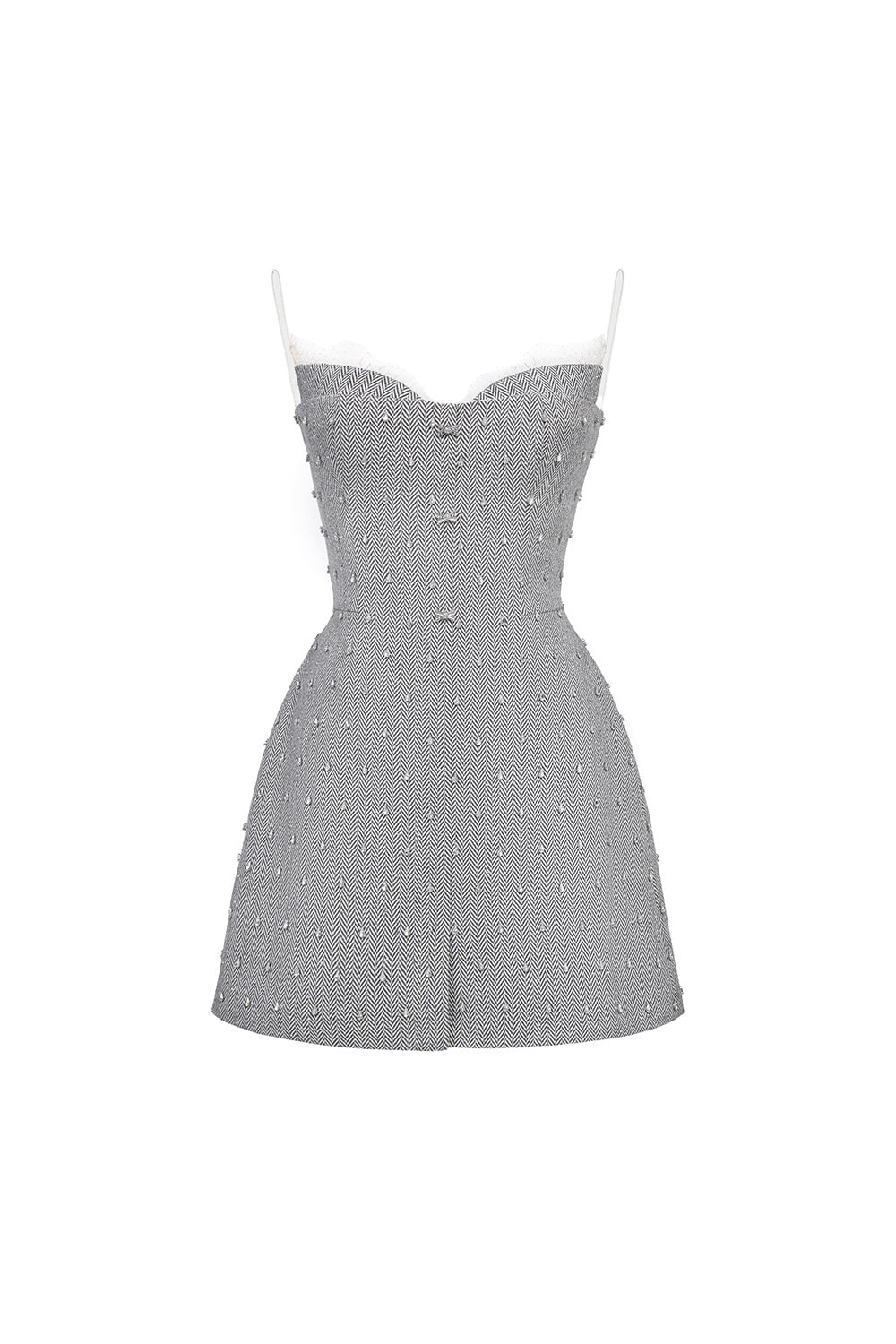 Grey Harringbone Crystal Beaded Dress