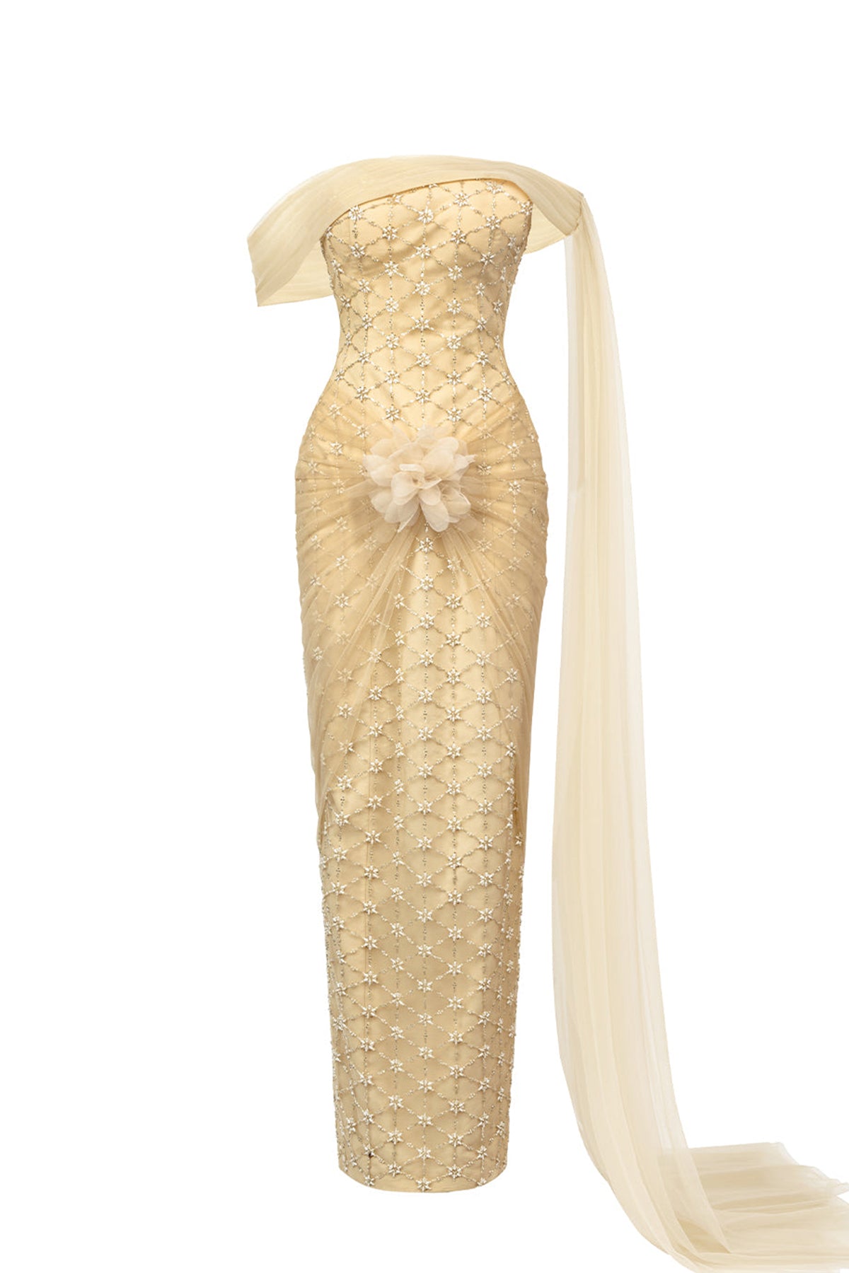 Bridget Pegged Off-Shoulder Polyester Maxi Dress