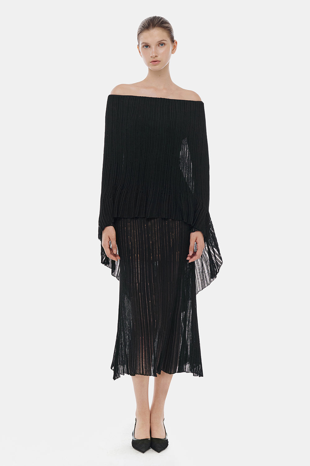 black and white pleated midi dress Women's Theodora Off-Shoulder Pleated Midi Dress XS/S/M/L/XL Black/White MEAN BLVD Black / XL