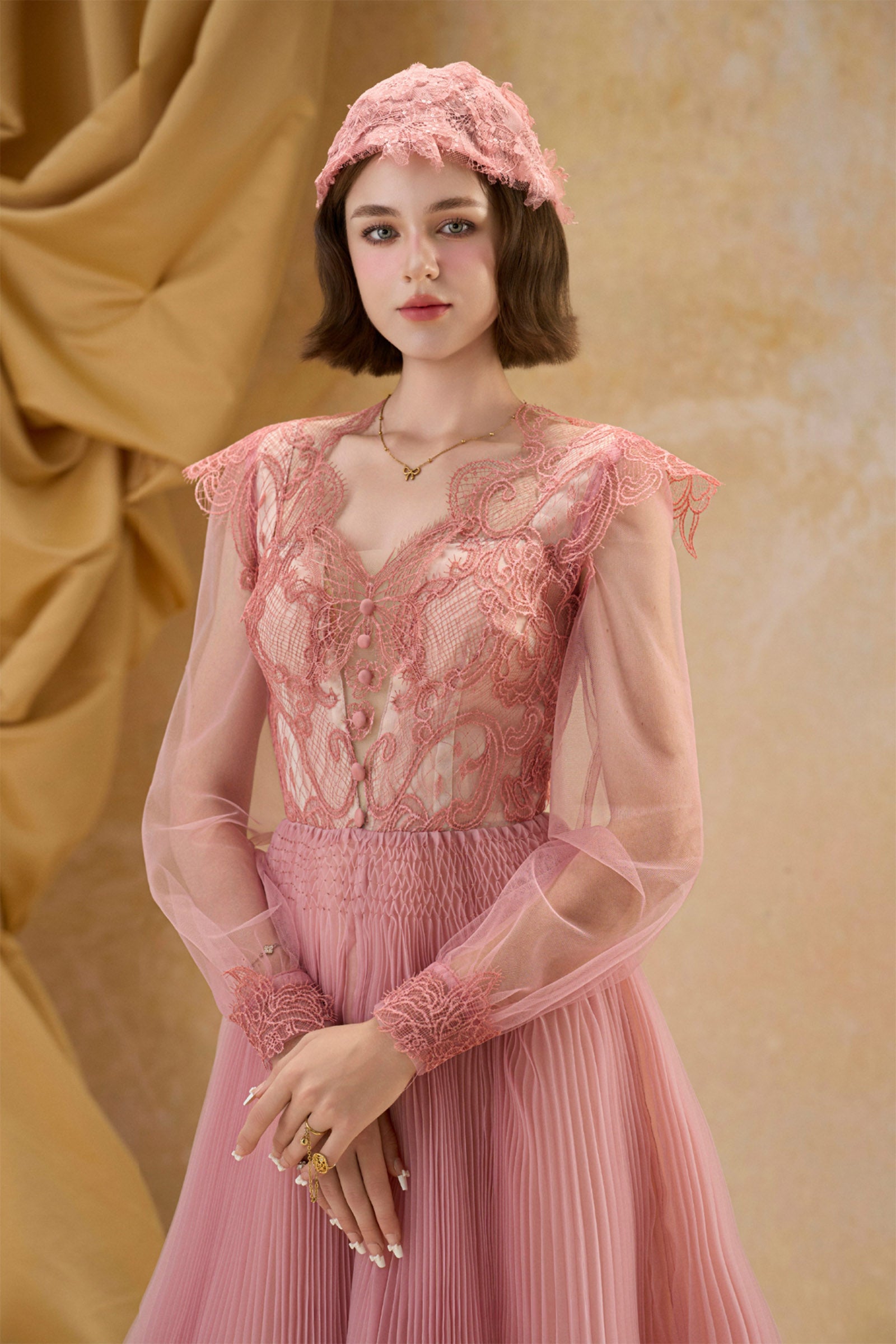 Helena Bishop Sleeve Pleated Midi Dress