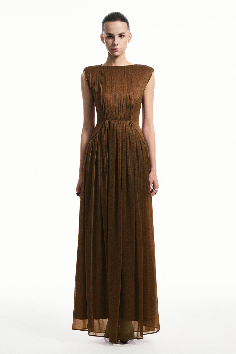 pleated dress slash neck Women's Iris Boat Neck Pleated Maxi Dress S/M/L/XL/Customize Black/Burgundy/Dark Green/Chocolate Brown MEAN BLVD Chocolate Brown / XL