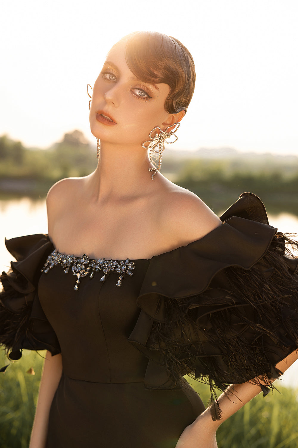 maxi dress with feather sleeves Women's Fiorella Feather Maxi Dress S/M/L/XL/XXL/3XL/Customize Black MEAN BLVD Black / Customize