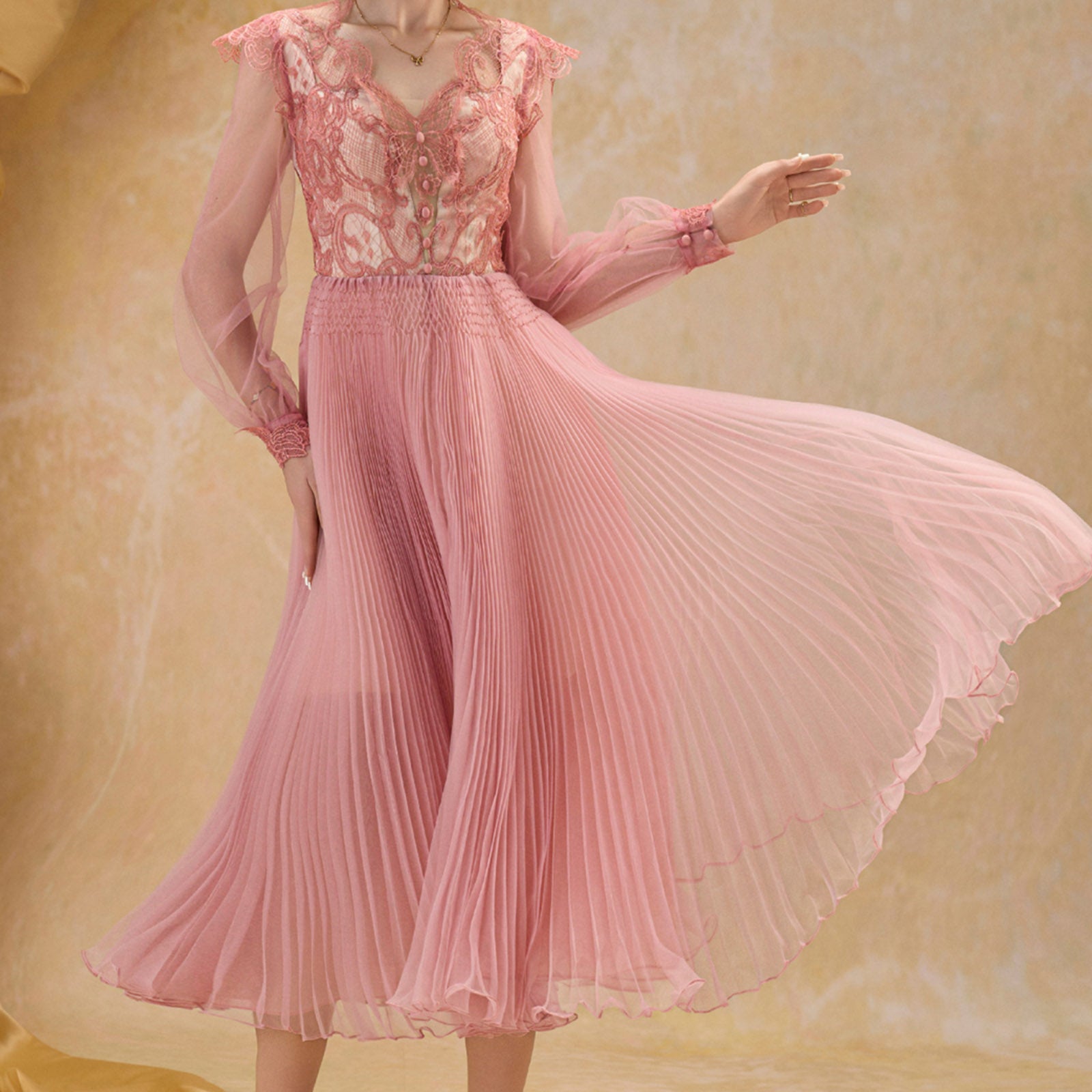 Helena Bishop Sleeve Pleated Midi Dress