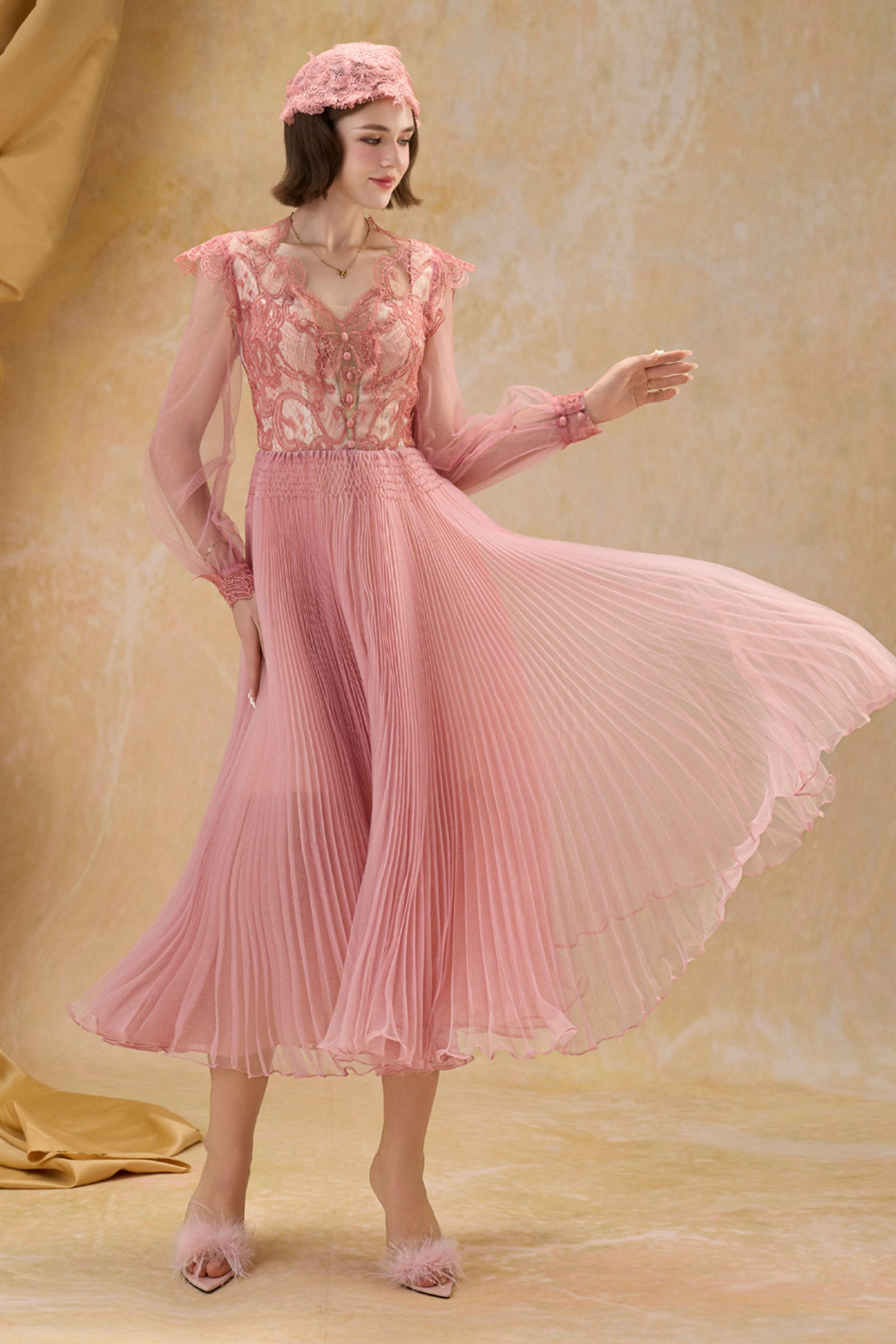 Helena Bishop Sleeve Pleated Midi Dress