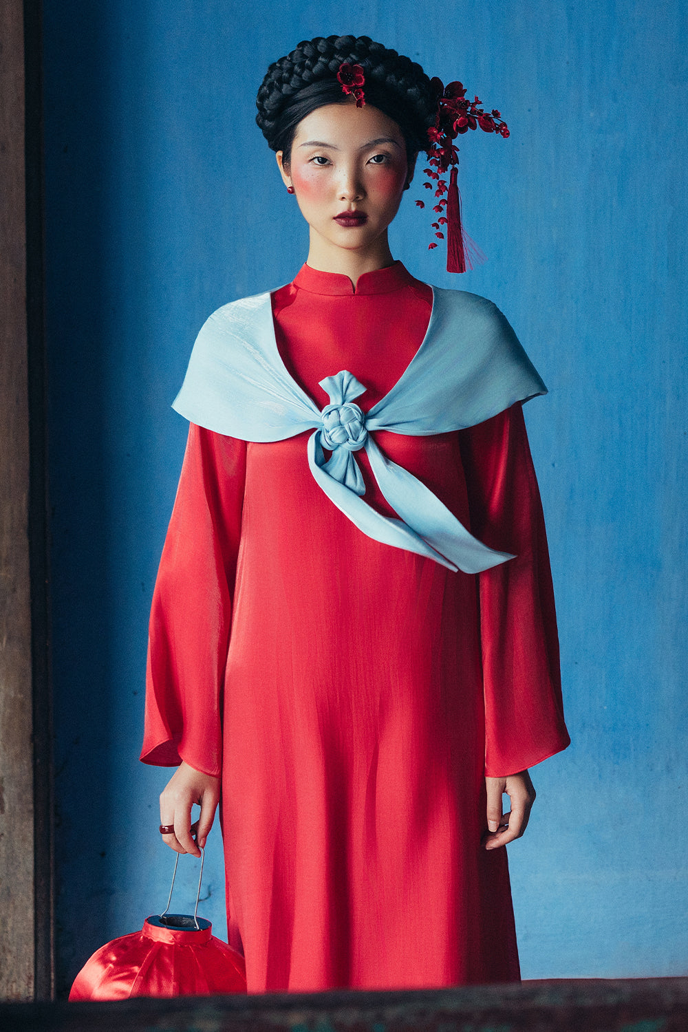 Phuc Mien Mandarin Neck Synthetic Silk Ao Dai Set