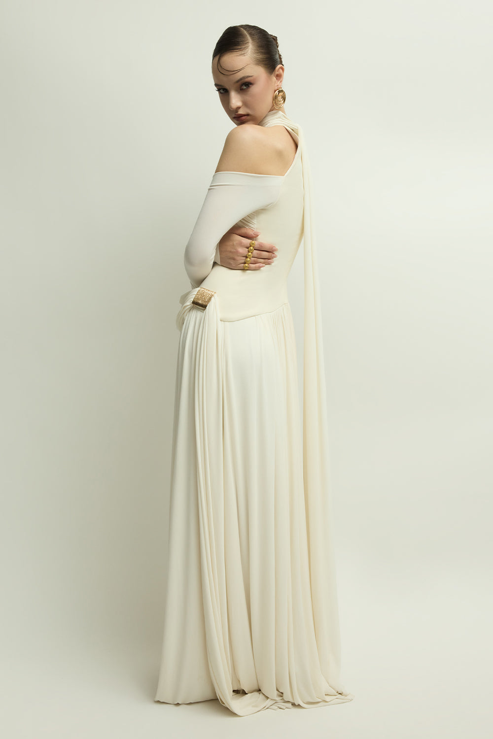 Eira Cold Shoulder Sleeve Draped Maxi Dress