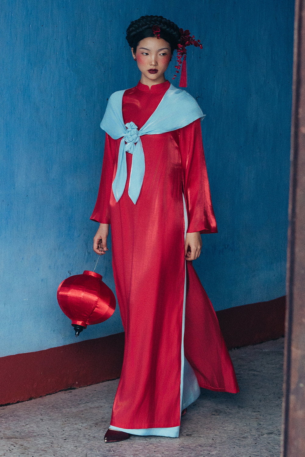 Phuc Mien Mandarin Neck Synthetic Silk Ao Dai Set