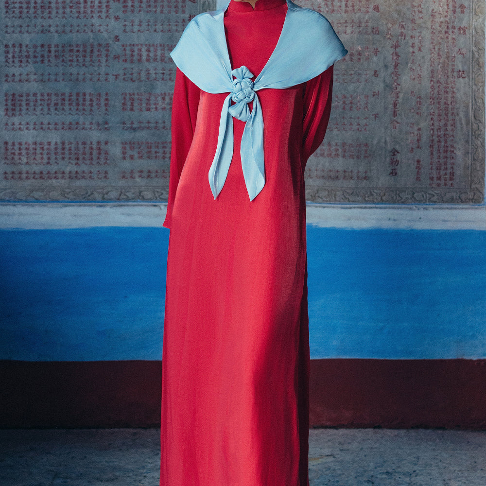 Phuc Mien Mandarin Neck Synthetic Silk Ao Dai Set