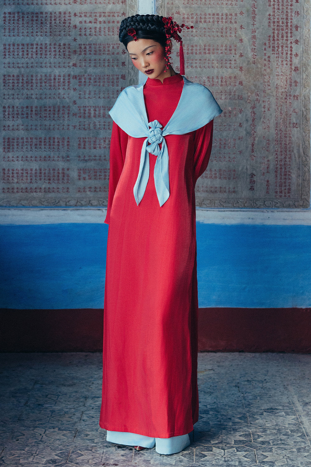 Phuc Mien Mandarin Neck Synthetic Silk Ao Dai Set