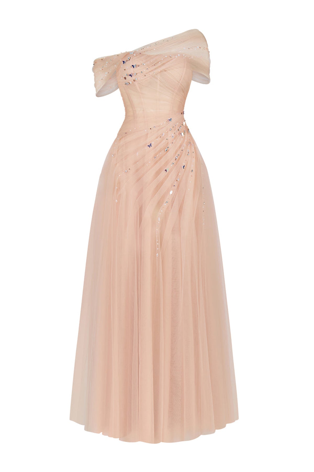 Floréa A-line Asymmetric Sleeved Tulle Floor Length Dress