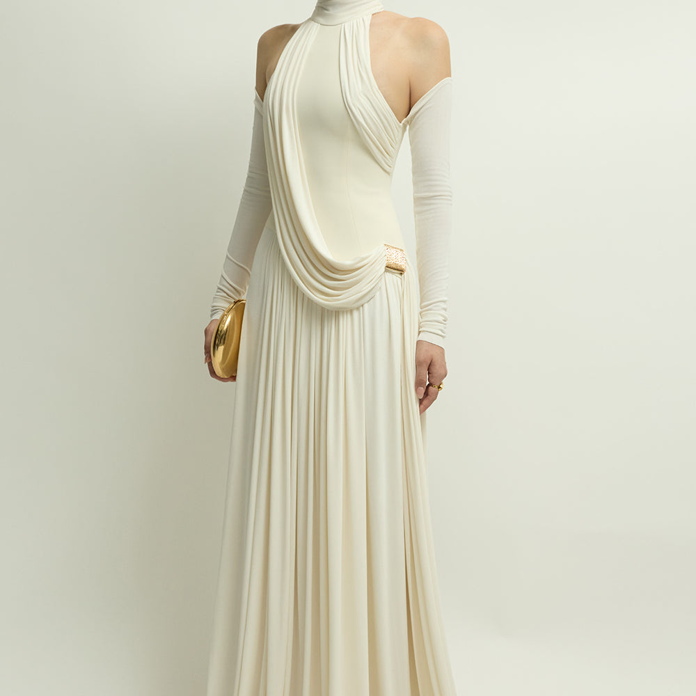 Eira Cold Shoulder Sleeve Draped Maxi Dress