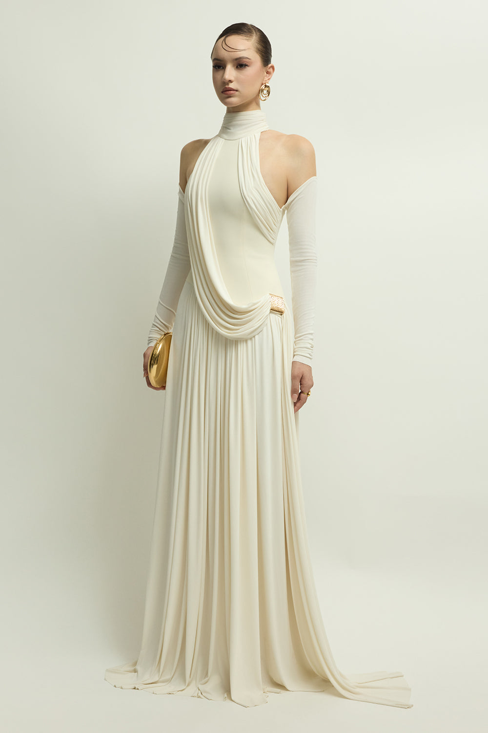 Women's Eira Cold Shoulder Sleeve Draped Maxi Dress S/M/L/XL/XXL/Customize Ivory MEAN BLVD Ivory / L