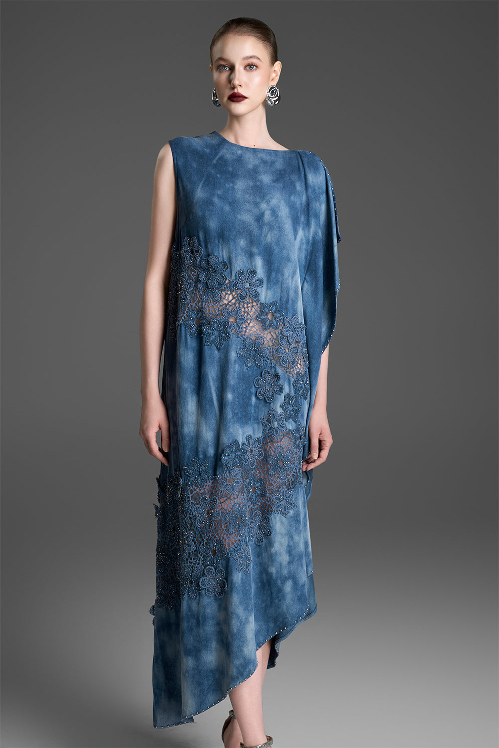 Evelina Asymmetric Applique Midi Dress