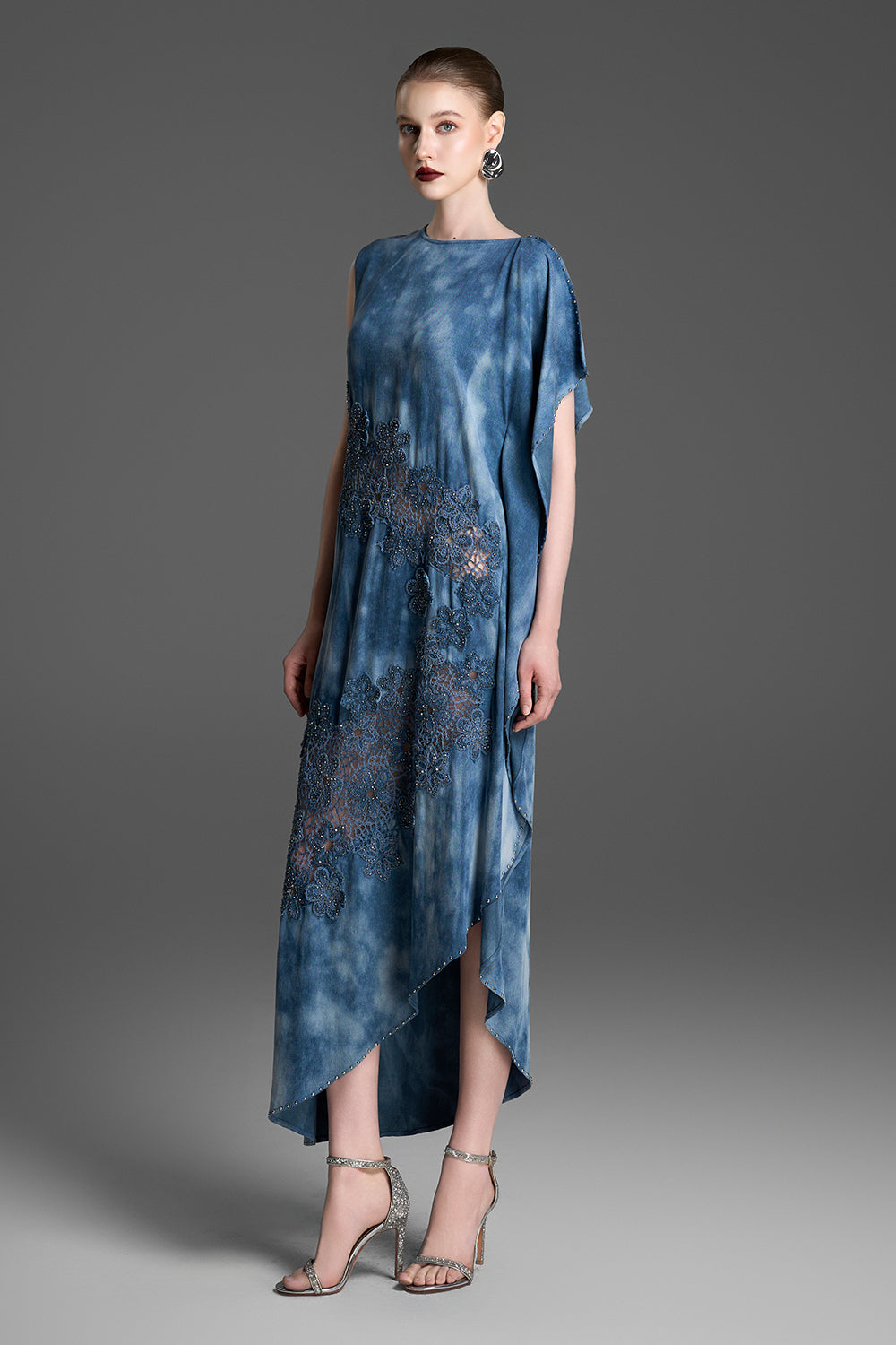 Women's Evelina Asymmetric Applique Midi Dress XXS/XS/S/M/L/XL/XXL/Customize  Galaxy Blue MEAN BLVD