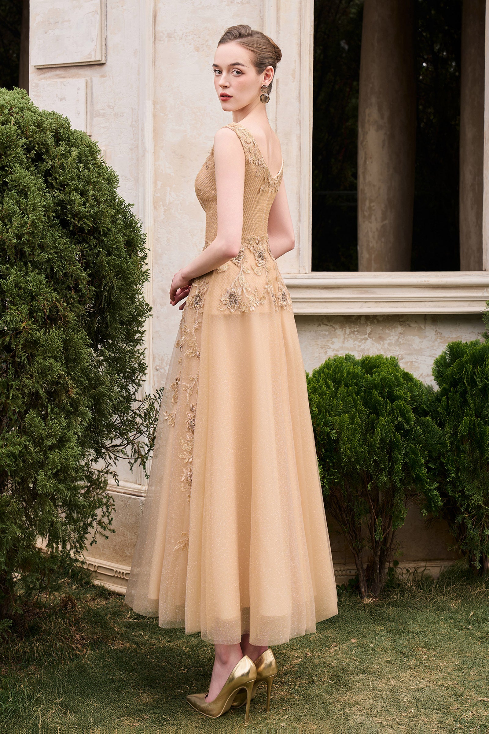 beige formal midi dress Beige Floral Embellished Short Sleeve Midi Dress