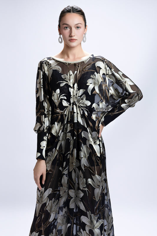 Fiora Boat Neck Gathering Maxi Dress