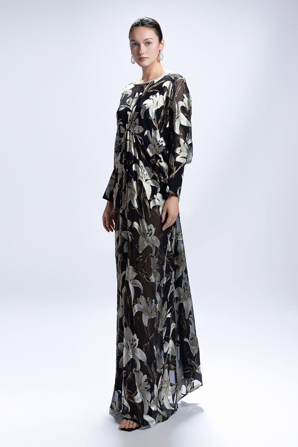 Women's Fiora Boat Neck Gathering Maxi Dress S/M/L/XL/XXL/Customize Black &  Cream Floral MEAN BLVD