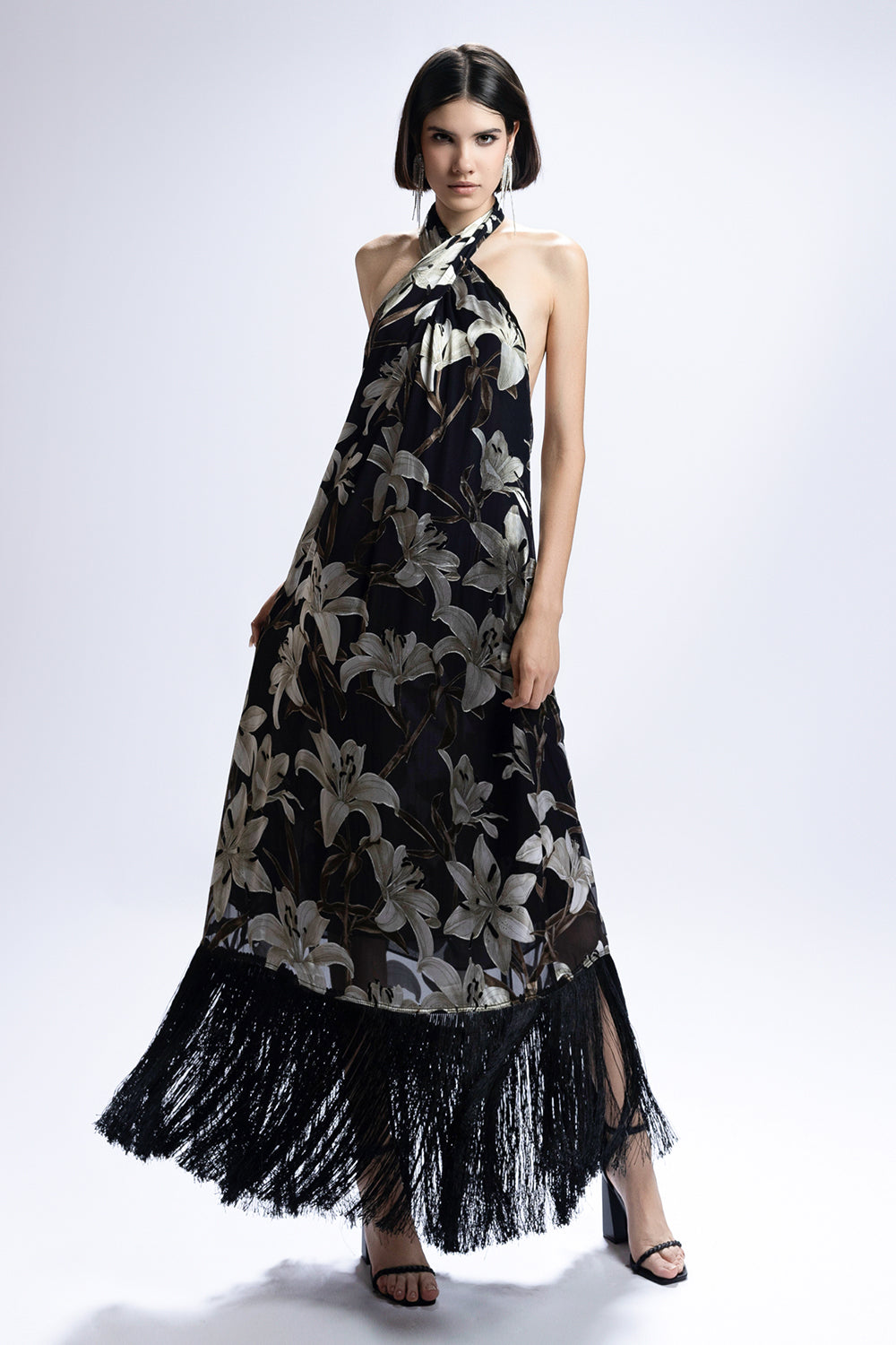 Women's Nerissa Halter Fringe Maxi Dress S/M/L/XL/XXL/Customize Black &  Cream Floral MEAN BLVD