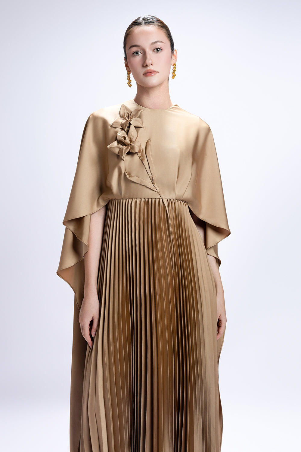 Vespera Cape Sleeve Pleated Maxi Dress