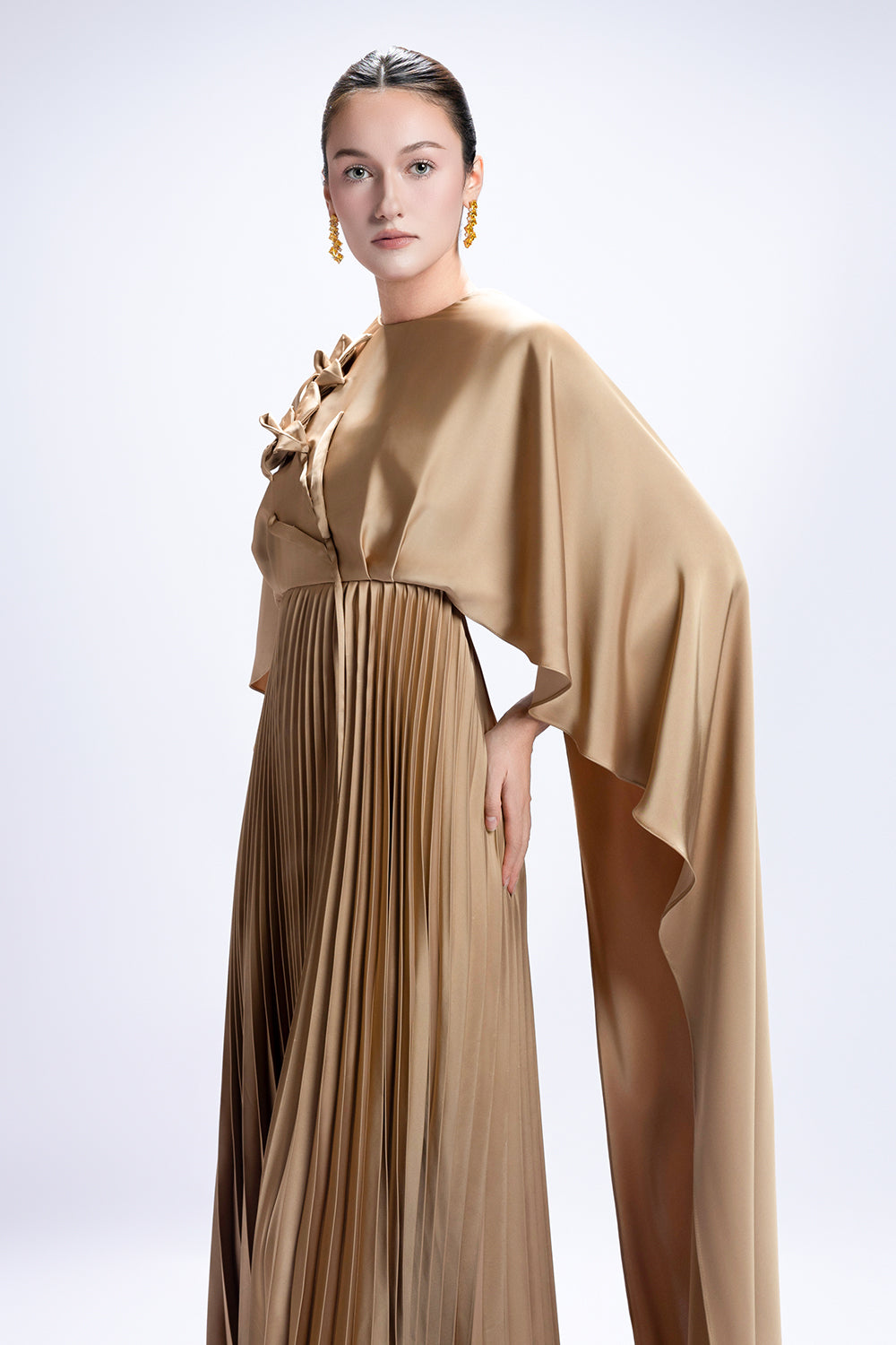 Vespera Cape Sleeve Pleated Maxi Dress
