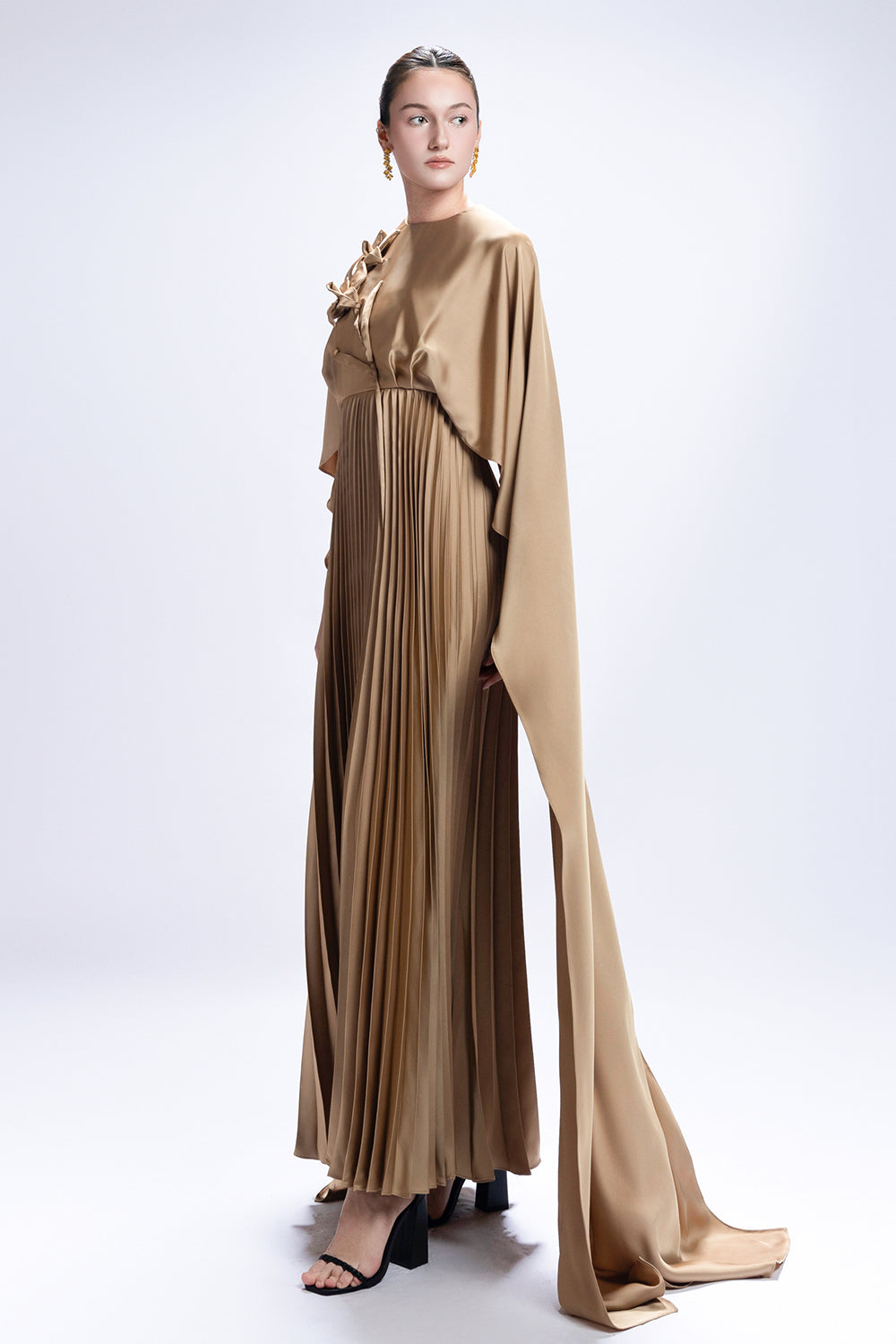 Vespera Cape Sleeve Pleated Maxi Dress