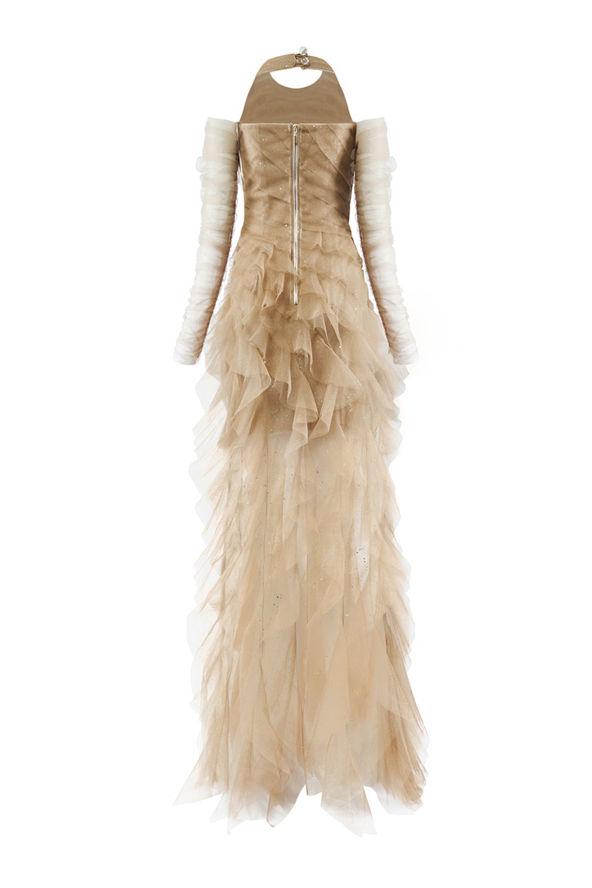 Aurielle Sheath Ruffle Trim Mesh Floor Length Dress