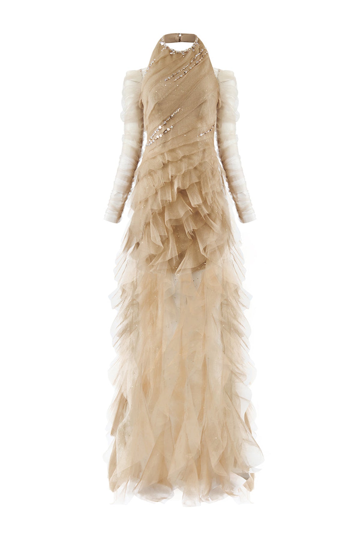 Aurielle Sheath Ruffle Trim Mesh Floor Length Dress