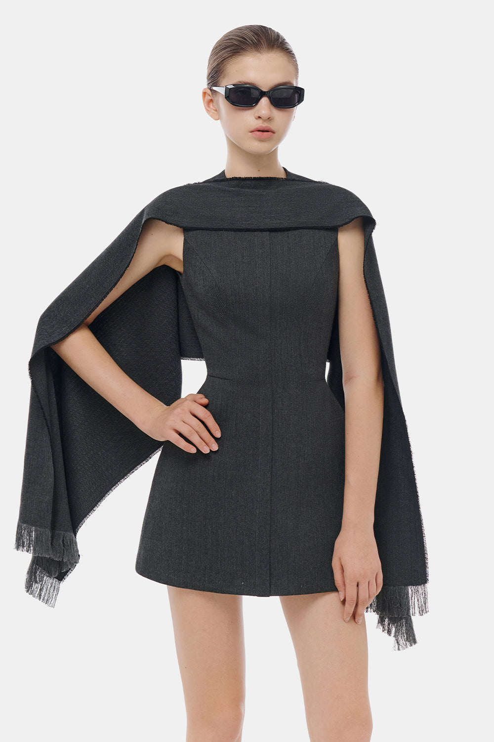Women's Lorraine Cape Fringe Mini Dress XS/S/M/L/XL Cloud Cream/Charcoal Gray MEAN BLVD Cloud Cream / S Women's Lorraine Cape Fringe Mini Dress XS/S/M/L/XL Cloud Cream/Charcoal Gray MEAN BLVD Cloud Cream / S