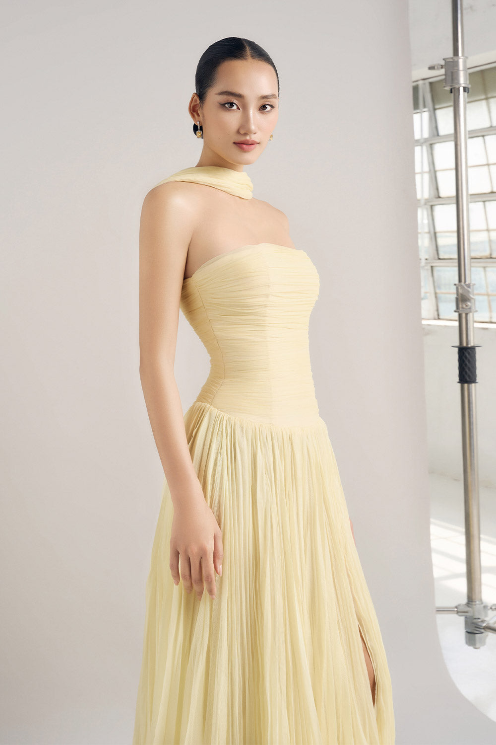 Isobel Gathered Front Slit Silk Chiffon Floor Length Dress