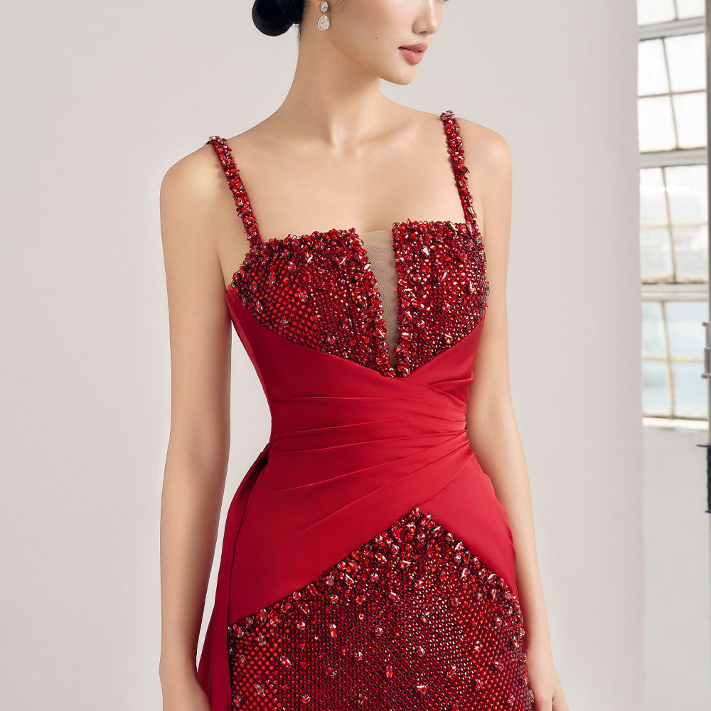 Claudia Sheath Square Neck Mesh Silk Floor Length Dress