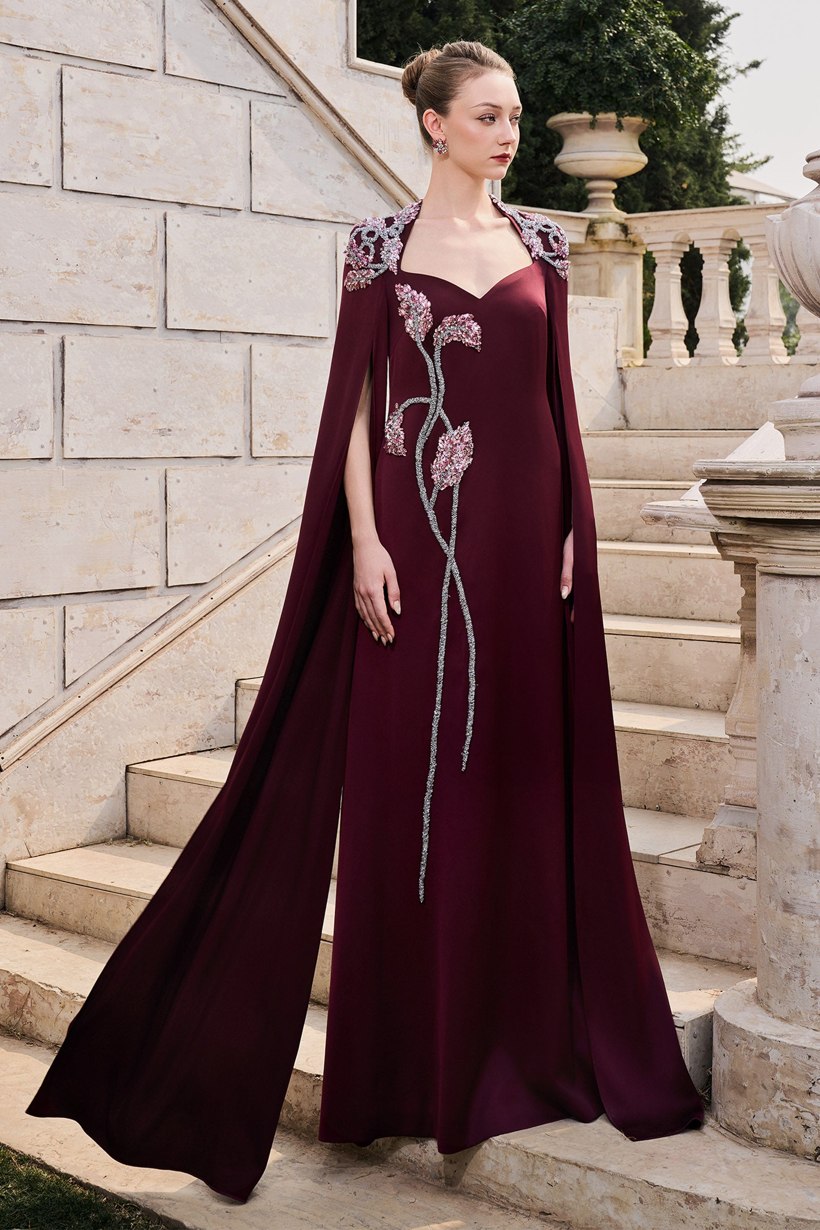 burgundy cape dress Elegant Off Shoulder Burgundy Prom Dress with Cape Sleeves SS215